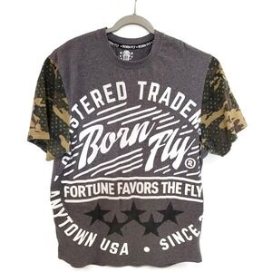 Born Fly Shirt Mens 2XL Gray Camo Sleeve Graphic Fortune Favors The Fly Tee‎